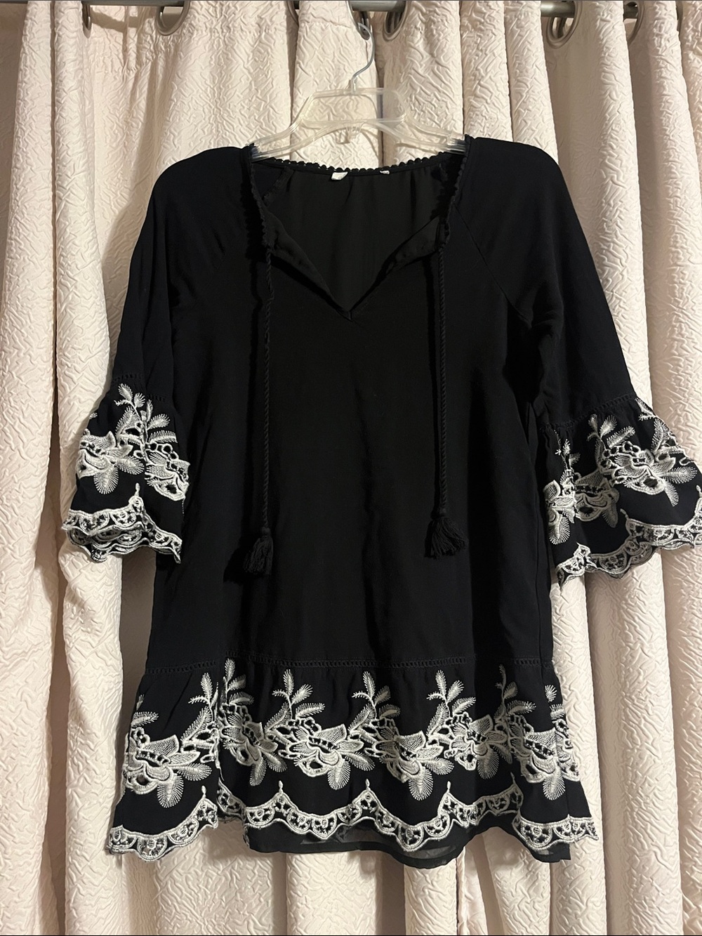 Black Embroidered Tie-Neck Women's Mini Dress